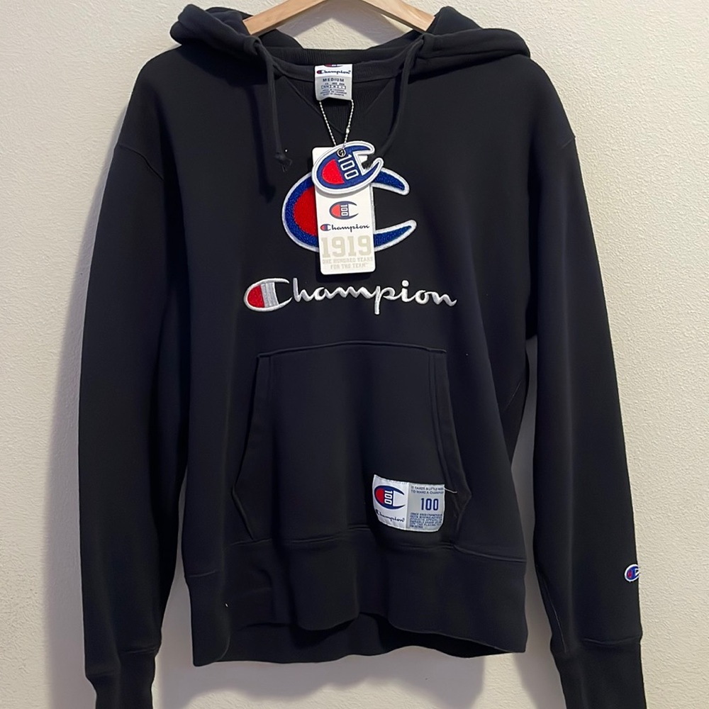NWT Black Champion Life Century Collection Hoodie, C100 Chenille Logo